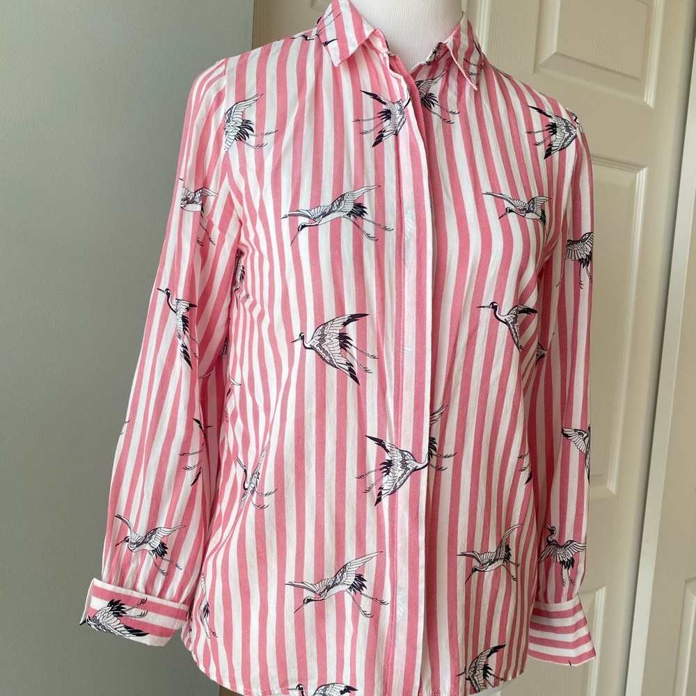 Stradivarius Pink White Stripe Blouse Birds Small From Madrid, Spain